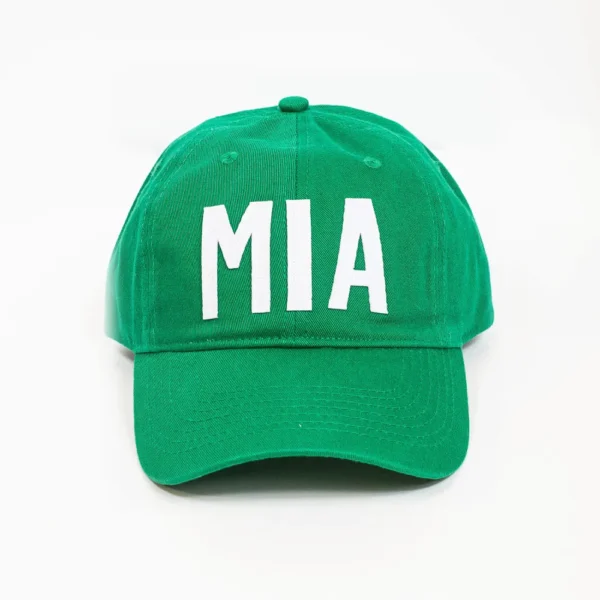 White MIA airport code on green baseball cap