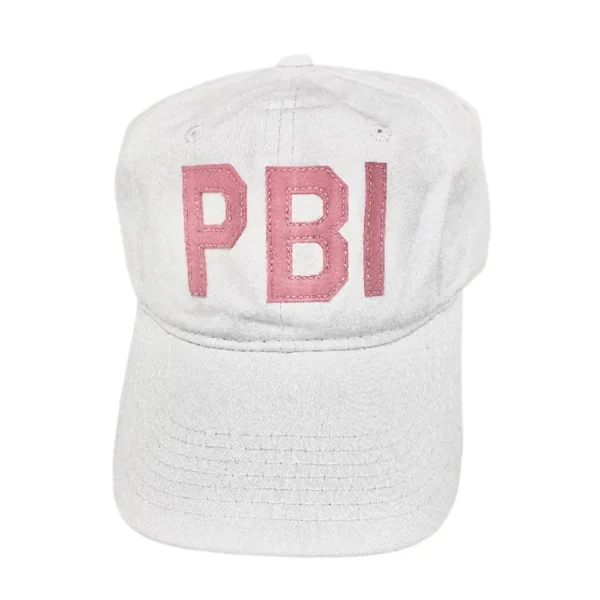 Pink PBI airport code on white baseball cap