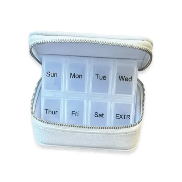 interior of travel pill box with eight compartments